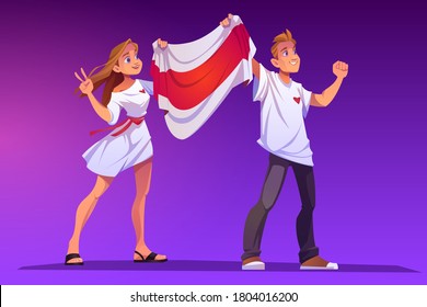 Demonstration for freedom of Belarus with opposition flag. Vector cartoon illustration with people holding white-red-white flag on political rally. Protest from dictatorship, support for human rights