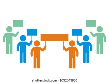 demonstration, group of people with banners, vector icon