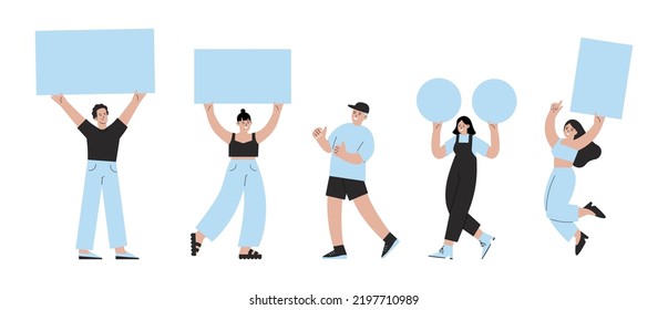 Demonstration group teens with blank posters. Young adults protesters characters. Fan club, vector flat fans with banners. Political protest people