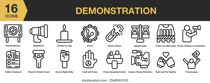 Demonstration icon set. Includes demonstration, protest, revolution, activist, strike, and More. Outline icons vector collection.