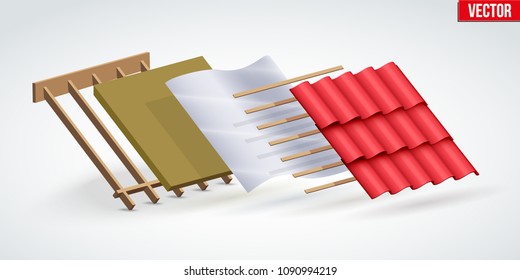 Demonstration of install roof cover red ceramic tiles in layers. Perspective view. Vector Illustration isolated on white background.