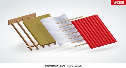 Demonstration of install roof red zinc metal cover in layers. Top view. Vector Illustration isolated on white background.