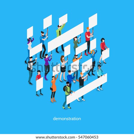 Demonstration isometric template with group of people holding placards and signboards isolated vector illustration 