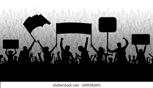 Demonstration, manifestation, protest, strike, revolution. Crowd of people with flags, banners. Sports, mob, fans. Silhouette background vector