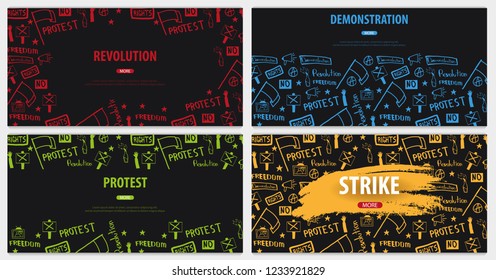 Demonstration, manifestation, protest, strike, revolution. Banner with hand-draw doodle elements on the background