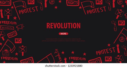 Demonstration, manifestation, protest, strike, revolution. Banner with hand-draw doodle elements on the background