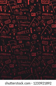 Demonstration, manifestation, protest, strike, revolution. Banner with hand-draw doodle elements on the background