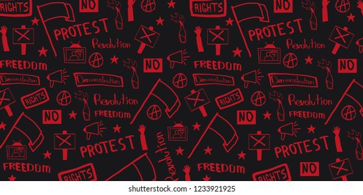 Demonstration, manifestation, protest, strike, revolution. Banner with hand-draw doodle elements on the background