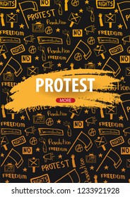Demonstration, manifestation, protest, strike, revolution. Banner with hand-draw doodle elements on the background