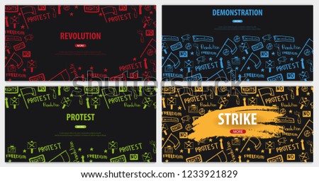 Demonstration, manifestation, protest, strike, revolution. Banner with hand-draw doodle elements on the background