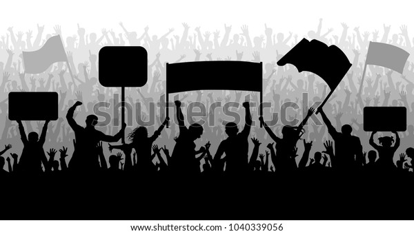 デモ 現れ 抗議 ストライキ 革命 シルエット背景のベクター画像 旗やバナーを持つ人々の群れ スポーツ モブ ファン のベクター画像素材 ロイヤリティフリー