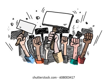 Demonstration. Mass Protest, a hand drawn vector doodle illustration of people protesting about something, the blank protest board could be filled with text of your own choice.