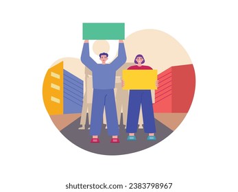 Demonstration on a city street with buildings, protesting against human rights in the Middle East. Character design. Vector flat illustration