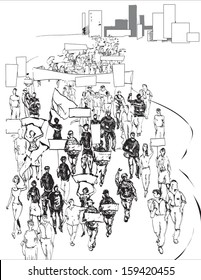 demonstration outdoor city scape where people demanding and waving black and white sketch illustration 