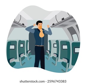 Demonstration for passengers. Steward instructing, demonstrating security rule in case of emergency. Flight attendant wears oxygen mask in air plane during safety instruction.