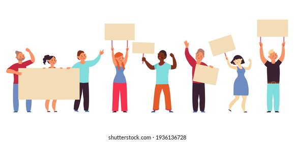 Demonstration. People hold banners, worker with blank placard. Protest crowd, meeting for peace or rights. Eco activists decent vector characters