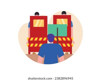 Demonstration of people writing boards blocked by police with complete protection of roadblock, helmet, shield. Design character. Vector flat illustration