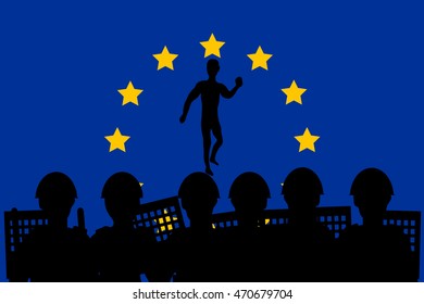 Demonstration and police on the flag of EU background