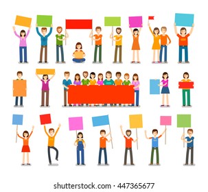 Demonstration or procession, parade icons. People with placards isolated on white background. Vector illustration