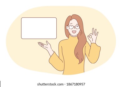 Demonstration, promotion, advertisement concept. Young positive woman cartoon characters holding white blank placard with copy space for text and showing ok luck sign vector illustration