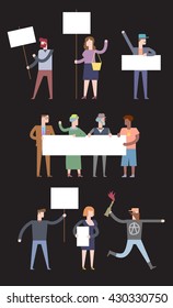 Demonstration, protest concept crowd of people with banners. Vector set in flat style, isolated on a black background