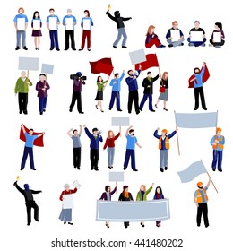 Demonstration protest people holding megaphones flags and placards on white background flat isolated vector illustration