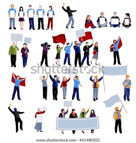 Demonstration protest people holding megaphones flags and placards on white background flat isolated vector illustration