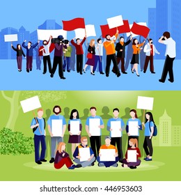 Demonstration protest people holding placards megaphones and flags and reporters with cameras on blue and green cityscape backgrounds flat isolated vector illustration