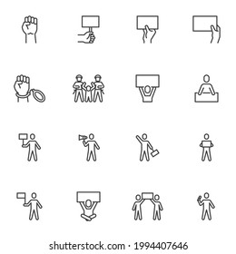 Demonstration, protest related line icons set, outline vector symbol collection, linear style pictogram pack. Signs, logo illustration. Set includes icons as police arresting protester, hand handcuffs