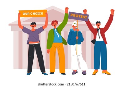 Demonstration and protests, group of people protesting for independence, revolution and activism. Social discrimination, patriotism and strike for democracy.Vector in flat style illustration