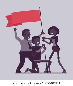Demonstration with red flag, people protesting and victory symbol. Activists of political, social movement, street strike for democracy, rights and equality. Vector creative stylized illustration