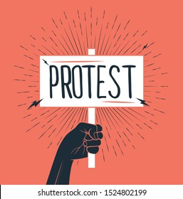 Demonstration, revolution, protest raised arm fist holding banner with protest caption. Black arm silhouette on red background. Vector illustration.