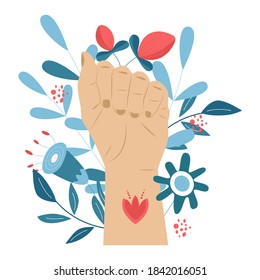 Demonstration, revolution, protest raised arm fist . Arm silhouette with trendy plants.  Vector illustration.
