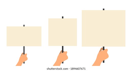 Demonstration, revolution, protest raised arm fist holding banner with protest caption. Hand holding transparent. Vector illustration