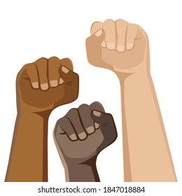Demonstration, revolution, protest. Three clenched fists in protest. African Americans, Europeans, Chinese. The symbol of freedom, struggle, revolution unity strength and struggle