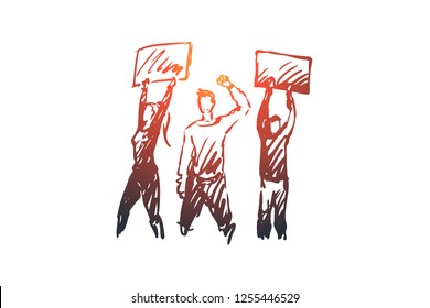 Demonstration, riots, rallies vector concept. People with signs in hands taking part in rally. Hand drawn sketch isolated illustration