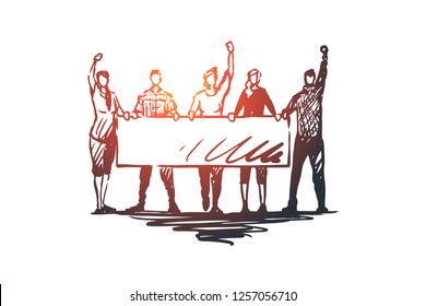 Demonstration, riots, rallies vector concept. People with signs in hands taking part in rally. Hand drawn sketch isolated illustration