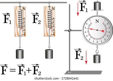 Demonstration school dynamometer which shows the strength of the action, the force is measured in Newtons and if the direction of the forces coincide then they are summed.