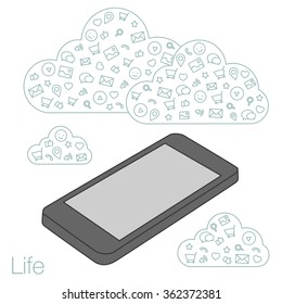 Demonstration screen mobile phone. Presentation of app screen for market . Cloud technologies, services, program on the devices. Social networking, media, technologies, emails and trend on smartphone 