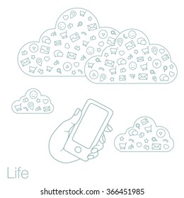 Demonstration screen mobile for presentation application. Icons set in line style on background. Illustration of cloud technology and services. Hand with smartphone. Media and networking on devices.