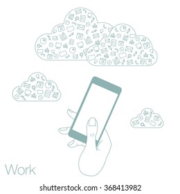 Demonstration screen mobile for presentation application. Icons set in line style on background. Illustration of cloud technology and services. Hand with smartphone. Media and networking in devices