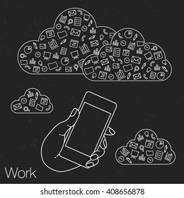 Demonstration screen mobile for presentation application. Icons set in flat style on background. Illustration of cloud technology and services. Hand with smartphone. Media and networking in devices