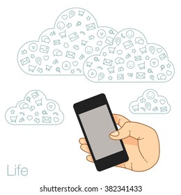 Demonstration screen phone for presentation applications. Icons set in flat style on background. Illustration of cloud technology and services. Hand with mobile. Social media and networking in device