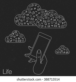 Demonstration screen phone for presentation applications. Icons set in flat style on background. Illustration of cloud technology and services. Hand with mobile. Social media and networking in device