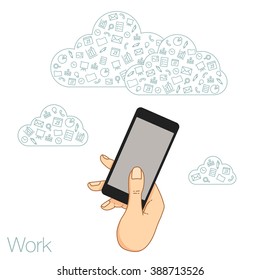Demonstration screen smartphone. The presentation of the screen of a mobile app. Cloud technologies and services on the devices. Social networking and media, technologies and trends in phone