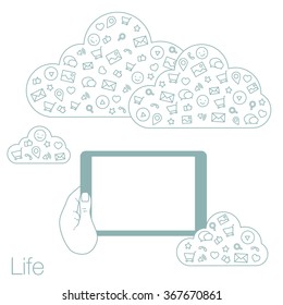 Demonstration screen tablet for presentation application. Icons set in flat style on background. Illustration of cloud technology and services. Hand with smartphone. Media and networking in devices