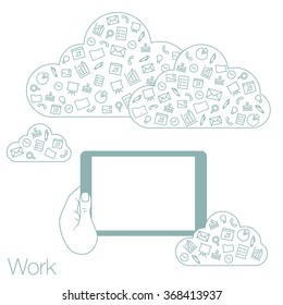 Demonstration screen tablet for presentation application. Icons set in line style on background. Illustration of cloud technology and services. Hand with smartphone. Media and networking in devices