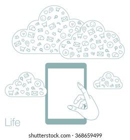 Demonstration screen tablet for presentation application. Icons set in flat style on background. Illustration of cloud technology and services. Hand with smartphone. Media and networking in devices