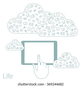 Demonstration screen tablet for presentation application. Icons set in flat style on background. Illustration of cloud technology and services. Hand with smartphone. Media and networking in devices