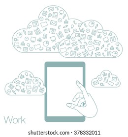 Demonstration screen tablet for presentation application. Icons set in flat style on white background. Vector illustration of cloud technology and services. Hand with media and networking in devices. 